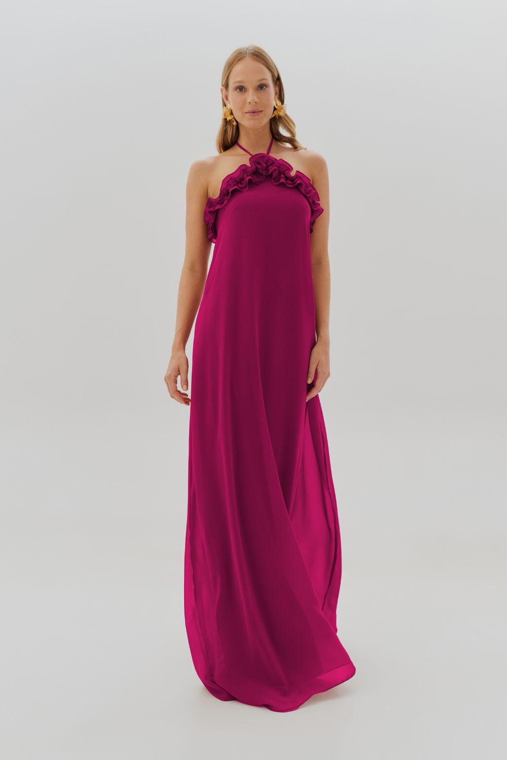 Vestido Longo Fúcsia com Babados no Decote e Amarração