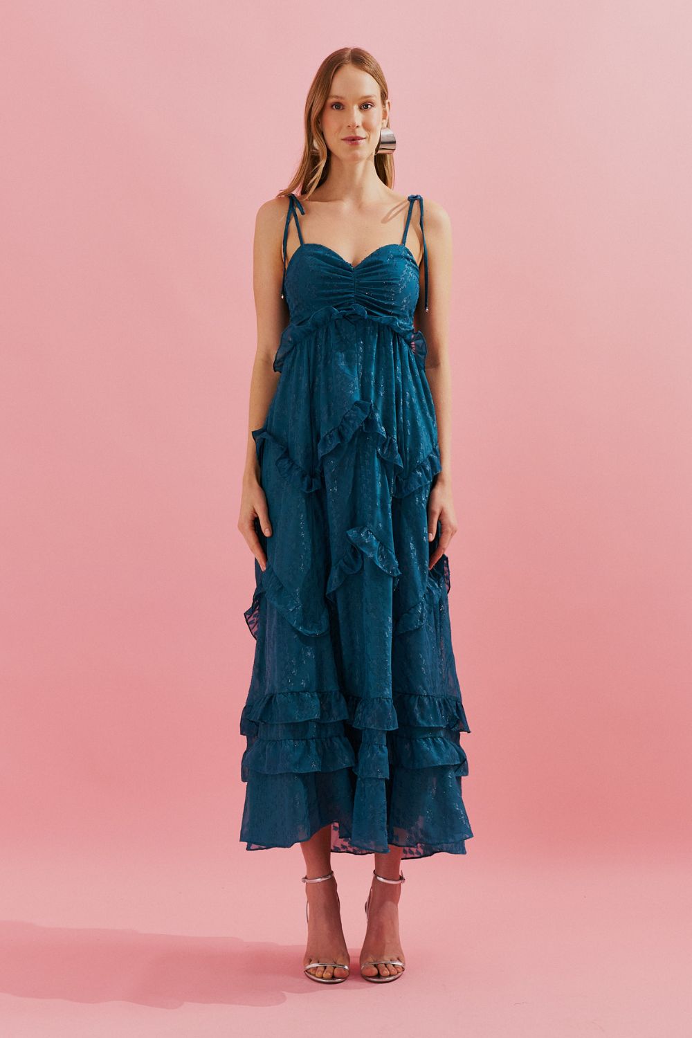 Vestido Midi Verde Petróleo com Alças Finas e Babados - Estilo e