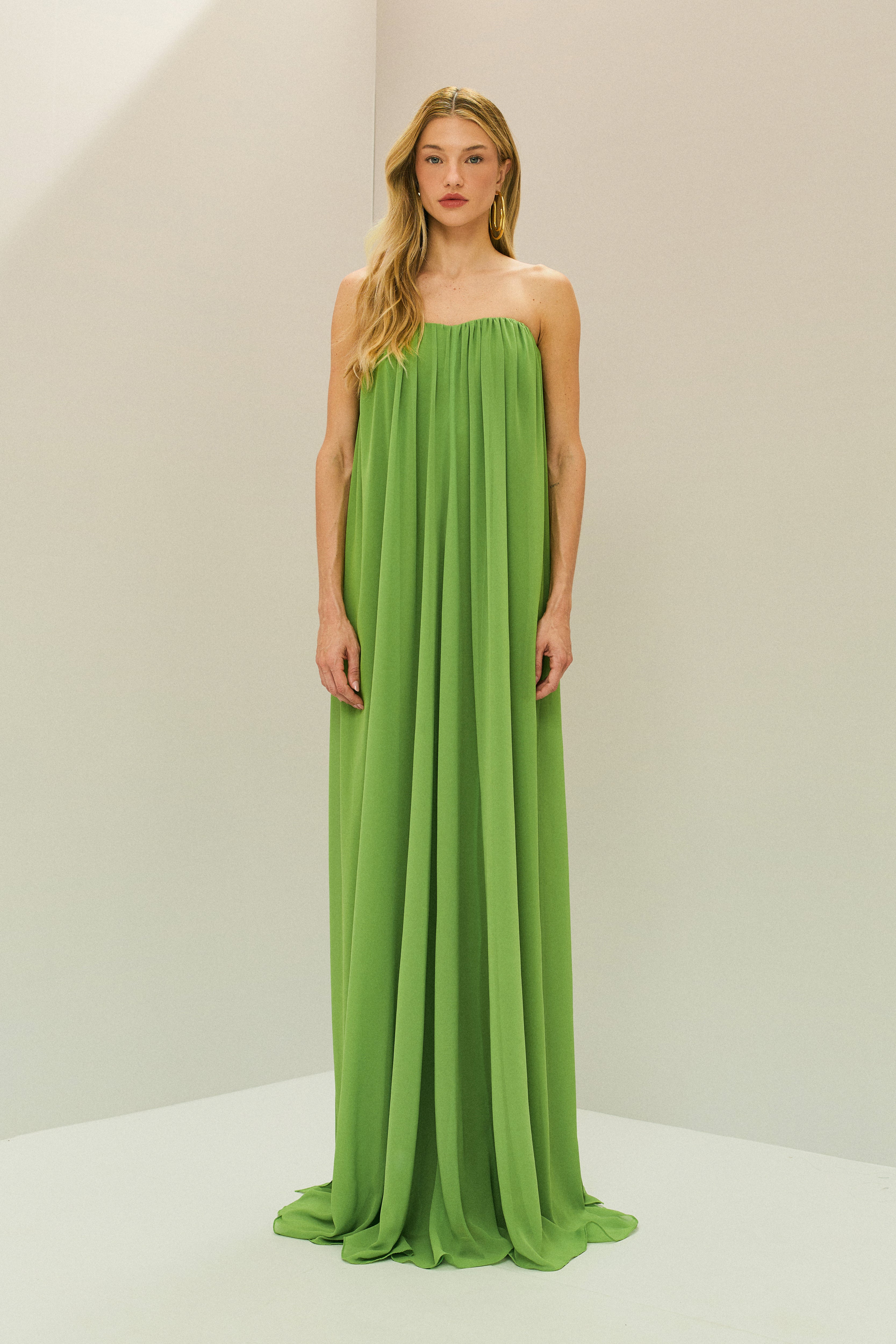 Vestido Longo em Chiffon sem Alça - Líbia Verde Claro Pistache