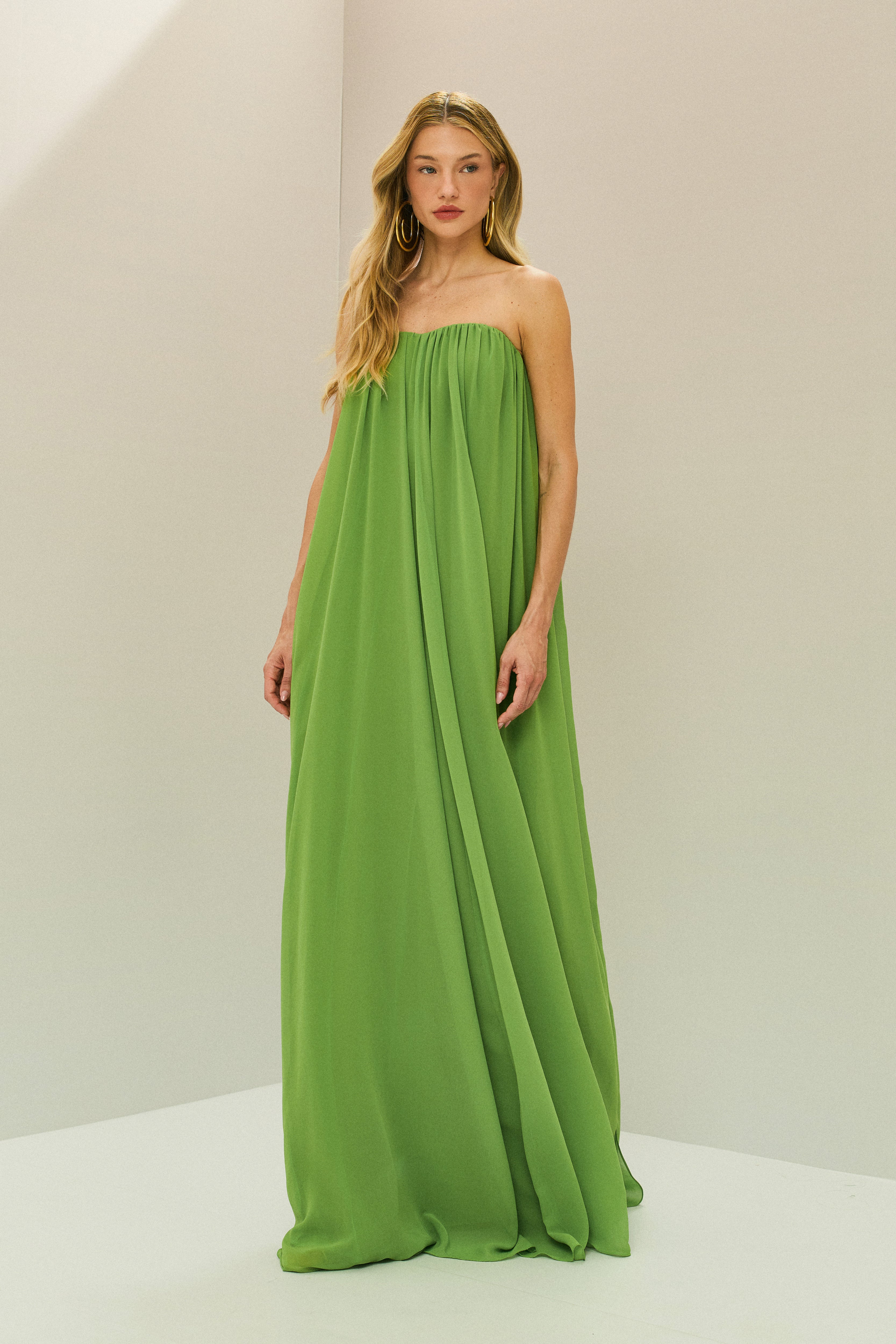 Vestido Longo em Chiffon sem Alça - Líbia Verde Claro Pistache
