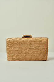 Bolsa de Festa em Trama Natural Retangular com Fecho Geométrico Dourado e Alça Dupla