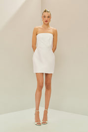 Vestido Curto em Zibeline com Decote Reto Sem Alças, Pregas no Busto e Capa Fluida - Jade Off White