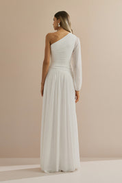 Vestido Longo com Decote de Ombro Único, Manga Longa e Franzidos - Adana Off White