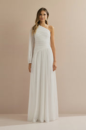 Vestido Longo com Decote de Ombro Único, Manga Longa e Franzidos - Adana Off White