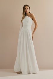 Vestido Longo com Decote de Ombro Único, Manga Longa e Franzidos - Adana Off White