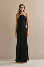 Vestido Long Midi de Cetim com Decote Triangular e Amarração nas Costas - Capri Preto