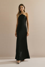 Vestido Long Midi de Cetim com Decote Triangular e Amarração nas Costas - Capri Preto