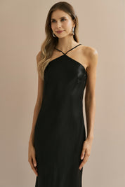 Vestido Long Midi de Cetim com Decote Triangular e Amarração nas Costas - Capri Preto