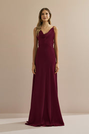 Vestido Longo em Cetim com Decote Degagê com Alças Finas e Amarração nas Costas - Líbano Marsala