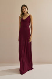 Vestido Longo em Cetim com Decote Degagê com Alças Finas e Amarração nas Costas - Líbano Marsala