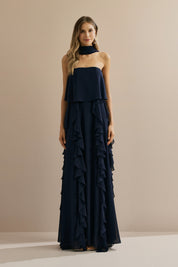 Vestido Longo em Chiffon com Decote Reto, Babados na Saia e Echarpe - Catalunha Azul Marinho