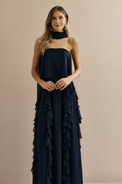 Vestido Longo em Chiffon com Decote Reto, Babados na Saia e Echarpe - Catalunha Azul Marinho