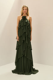 Vestido Longo em Chiffon com Decote Halter, Babados em Camadas e Costas Abertas - Atacama Verde Oliva