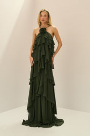 Vestido Longo em Chiffon com Decote Halter, Babados em Camadas e Costas Abertas - Atacama Verde Oliva