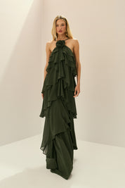Vestido Longo em Chiffon com Decote Halter, Babados em Camadas e Costas Abertas - Atacama Verde Oliva