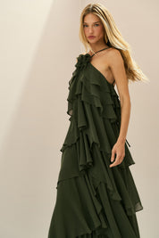 Vestido Longo em Chiffon com Decote Halter, Babados em Camadas e Costas Abertas - Atacama Verde Oliva
