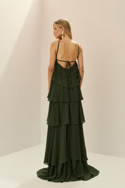 Vestido Longo em Chiffon com Decote Halter, Babados em Camadas e Costas Abertas - Atacama Verde Oliva