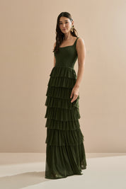 Vestido Longo em Tule com Alças e Decote Quadrado, Saia com Babados em Camadas – Livine Verde Oliva