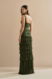 Vestido Longo em Tule com Alças e Decote Quadrado, Saia com Babados em Camadas – Livine Verde Oliva