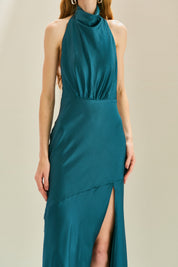 Vestido Midi em Cetim com Gola Degagê e Fenda Frontal - Estela Azul Petróleo