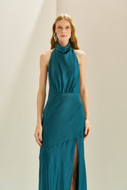 Vestido Midi em Cetim com Gola Degagê e Fenda Frontal - Estela Azul Petróleo