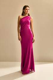 Vestido Longo em Tule Ombro Único com Drapeado no Busto e nas Costas - Hera Rosa Pink Escuro