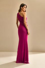 Vestido Longo em Tule Ombro Único com Drapeado no Busto e nas Costas - Hera Rosa Pink Escuro