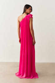 Vestido de Festa Longo e Plissado com Decote Ombro Único - Paris Rosa Pink