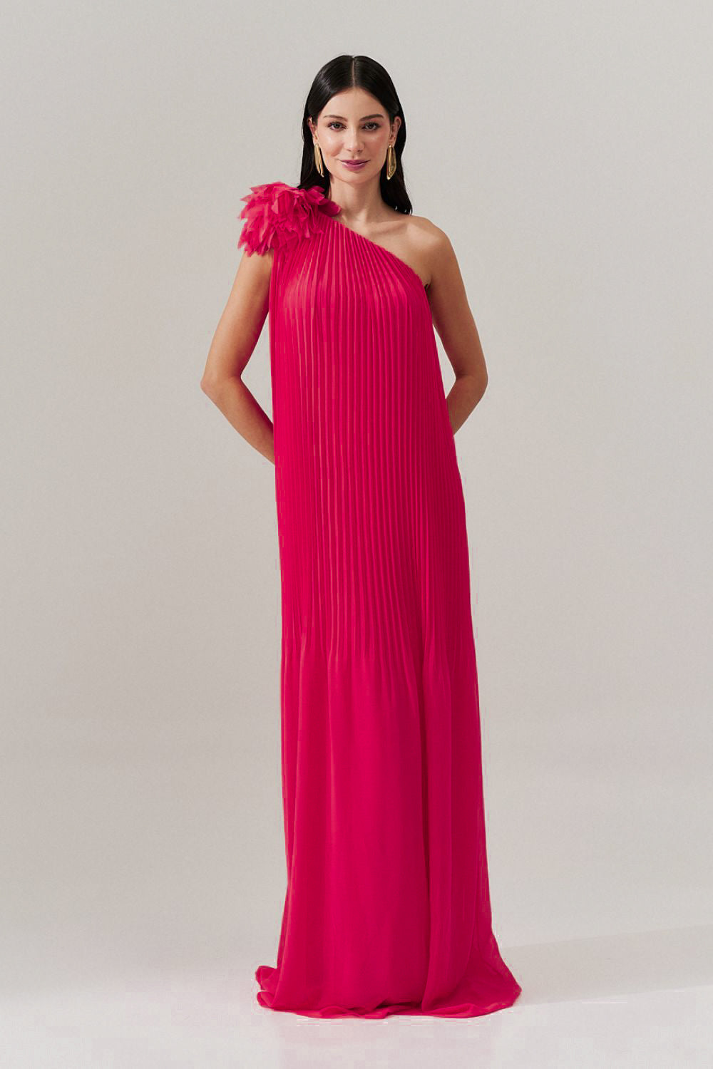 Vestido de Festa Longo e Plissado com Decote Ombro Único - Paris Rosa Pink