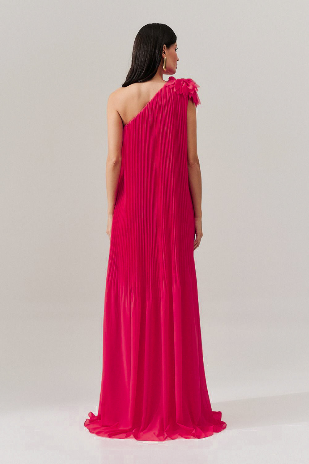 Vestido de Festa Longo e Plissado com Decote Ombro Único - Paris Rosa Pink