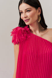 Vestido de Festa Longo e Plissado com Decote Ombro Único - Paris Rosa Pink