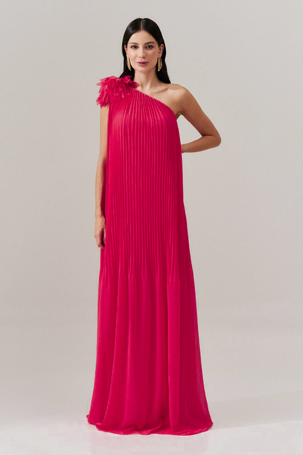 Vestido de Festa Longo e Plissado com Decote Ombro Único - Paris Rosa Pink