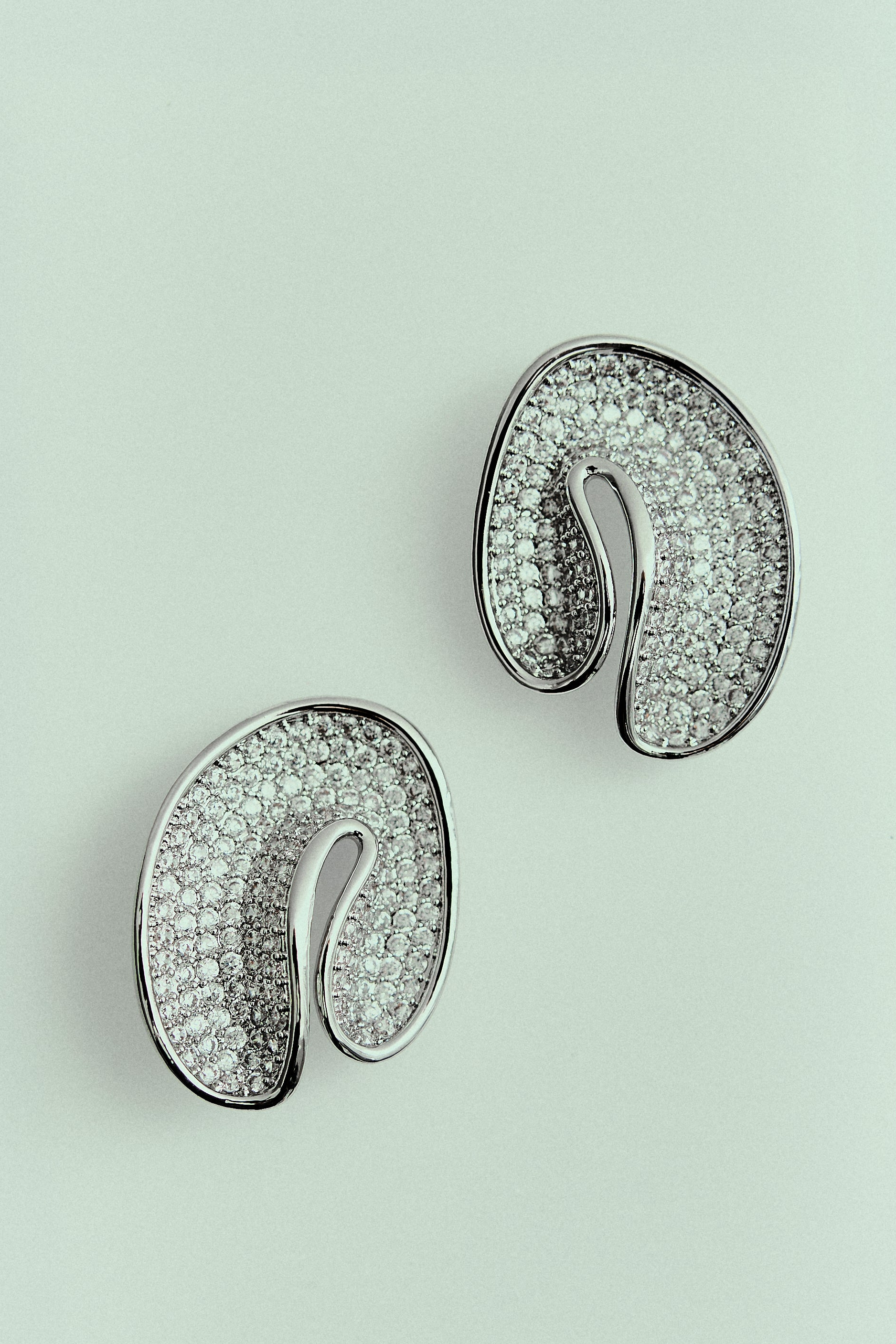 Brinco Orgânico Curvado Cravejado com Strass Prateado