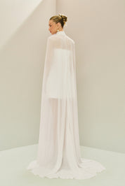 Vestido Curto em Zibeline com Decote Reto Sem Alças, Pregas no Busto e Capa Fluida - Jade Off White