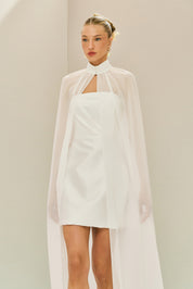 Vestido Curto em Zibeline com Decote Reto Sem Alças, Pregas no Busto e Capa Fluida - Jade Off White