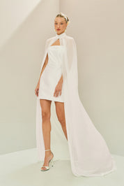 Vestido Curto em Zibeline com Decote Reto Sem Alças, Pregas no Busto e Capa Fluida - Jade Off White