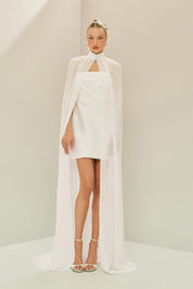 Vestido Curto em Zibeline com Decote Reto Sem Alças, Pregas no Busto e Capa Fluida - Jade Off White