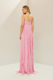 Vestido Longo com Decote Coração Franzido e Babados em Vertical na Saia - Ava Rosa Claro
