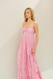 Vestido Longo com Decote Coração Franzido e Babados em Vertical na Saia - Ava Rosa Claro
