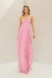 Vestido Longo com Decote Coração Franzido e Babados em Vertical na Saia - Ava Rosa Claro