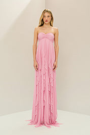 Vestido Longo com Decote Coração Franzido e Babados em Vertical na Saia - Ava Rosa Claro