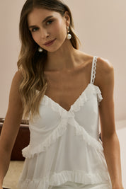 Vestido Curto em Tule com Decote V, Babados e Alças com Detalhe em Renda - Duna Off White