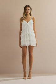 Vestido Curto em Tule com Decote V, Babados e Alças com Detalhe em Renda - Duna Off White