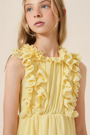 Vestido Infantil em Tule com Babados e Detalhes em Renda Guipir - Sonho Amarelo