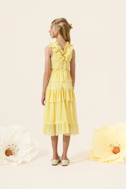 Vestido Infantil em Tule com Babados e Detalhes em Renda Guipir - Sonho Amarelo