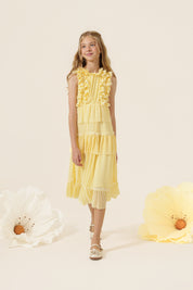 Vestido Infantil em Tule com Babados e Detalhes em Renda Guipir - Sonho Amarelo