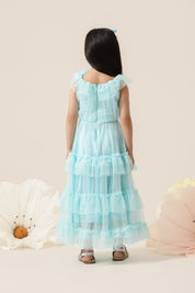 Vestido Infantil em Tule com Babados na Gola e Saia Volumosa em Camadas - Jardim Azul Claro
