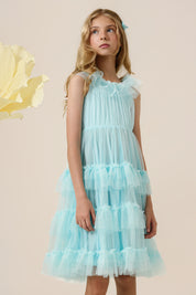 Vestido Infantil em Tule com Babados na Gola e Saia Volumosa em Camadas - Jardim Azul Claro