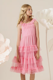 Vestido Infantil em Tule com Babados na Gola e Saia Volumosa em Camadas - Jardim Rosa