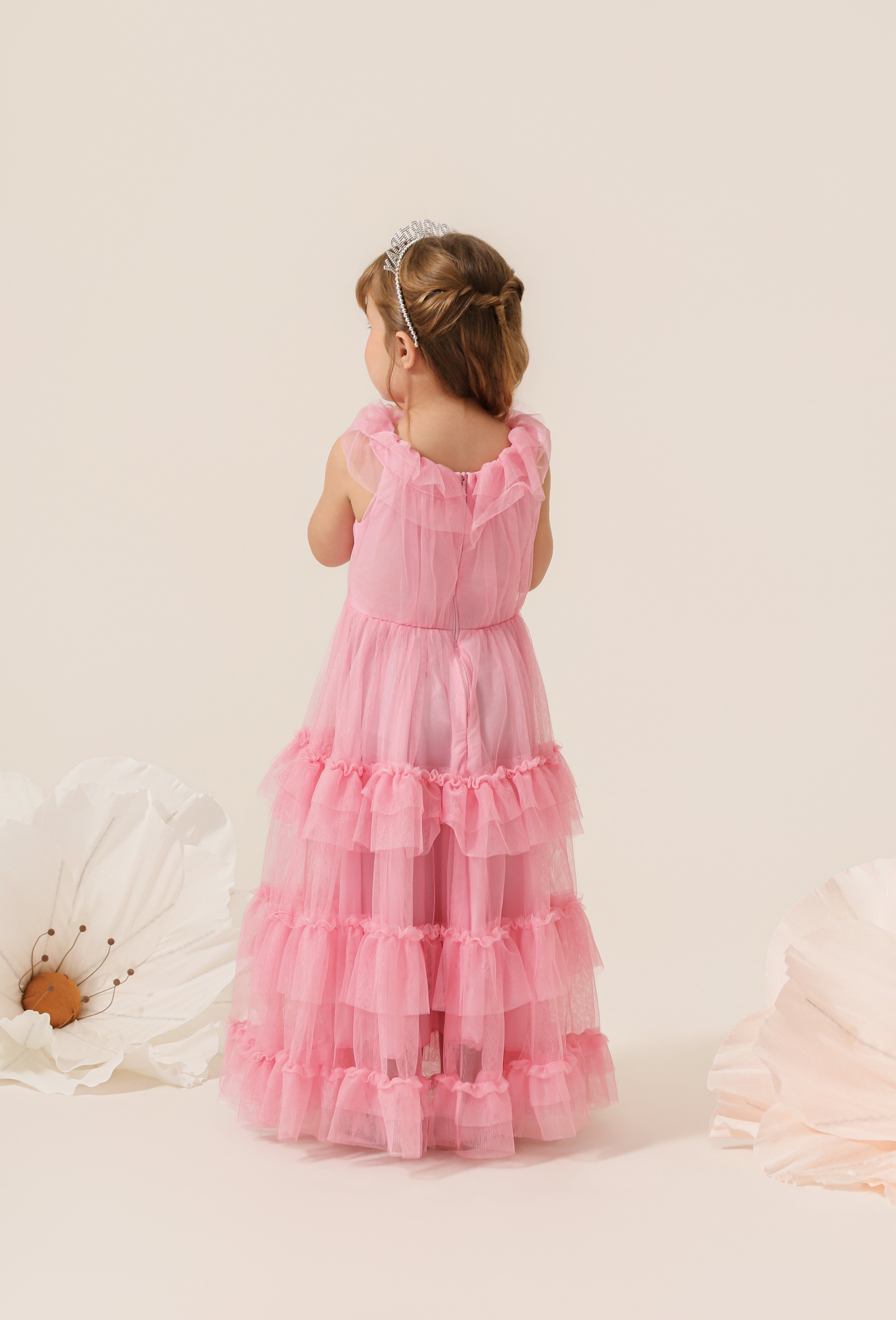 Vestido Infantil em Tule com Babados na Gola e Saia Volumosa em Camadas - Jardim Rosa